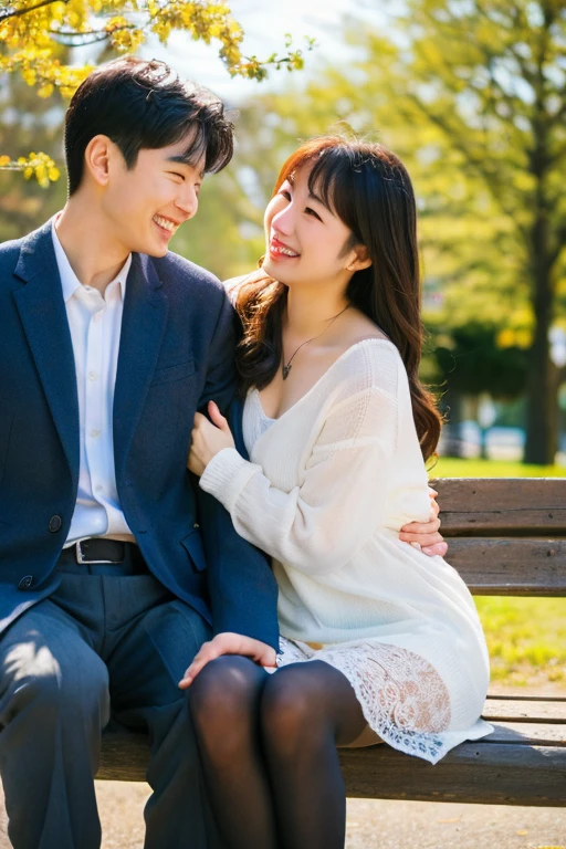 (ulzzang-6500-v1.1, (highest quality: 1.3), (masterpiece: 1.3), (super detailed: 1.3), (genuine:1.4), (muste piece), １woman、spring sunshine、sunshine、quiet park bench、spring fashion、Wearing ultra-realistic pantyhose、amazingly beautiful woman、gentle smile、Premonition of romantic love、Uplifting、are having fun、full of joy、lots of fun、the cowboy shot)