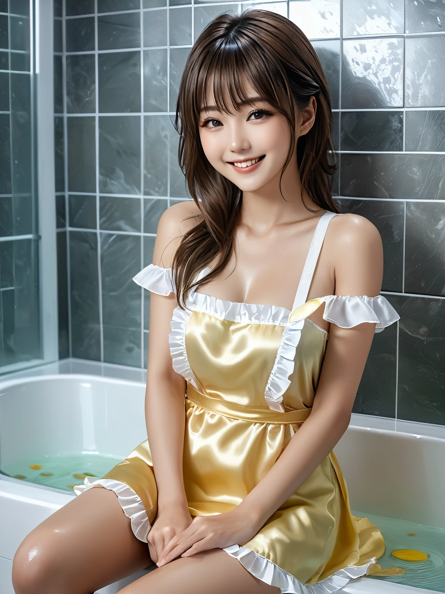 product quality, 1girl, full body shot, front view, a Japanese young pretty girl, shoulder length hair, wearing only a silky satin light yellow apron with white frills over her naked body with a big smile, sitting in a luxury shower room, glamorous figure, wet hair, wet body, busty, hyper cute face, glossy lips, double eyelids in both eyes, natural makeup, long eyelashes, shiny smooth light brown hair, asymmetrical bangs, fair skin, central image, high resolution, high detail, detailed hairstyle, detailed face, cinematic lighting, octane rendering, vibrant, hyper realistic, perfect limbs, perfect anatomy