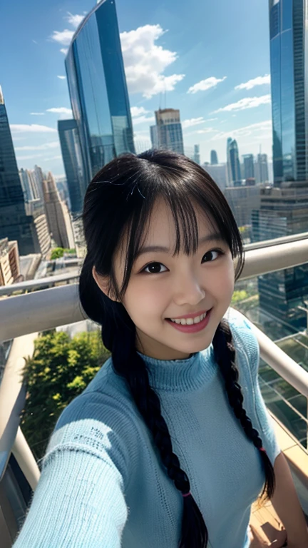 Rooftop selfie, Skywalking selfie, city, woman, Black Hair, Long braided ponytail, A confident smile, View from above, High angle shot, Fisheye, Tight knit, Ocean