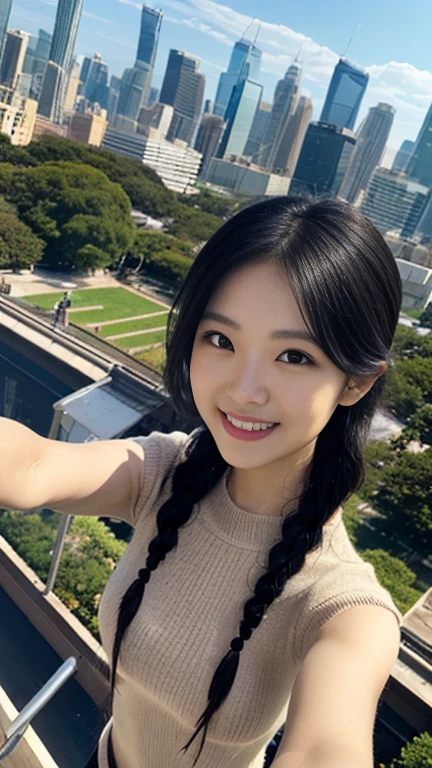 Rooftop selfie, Skywalking selfie, city, woman, Black Hair, Long braided ponytail, A confident smile, View from above, High angle shot, Fisheye, Tight knit, Ocean