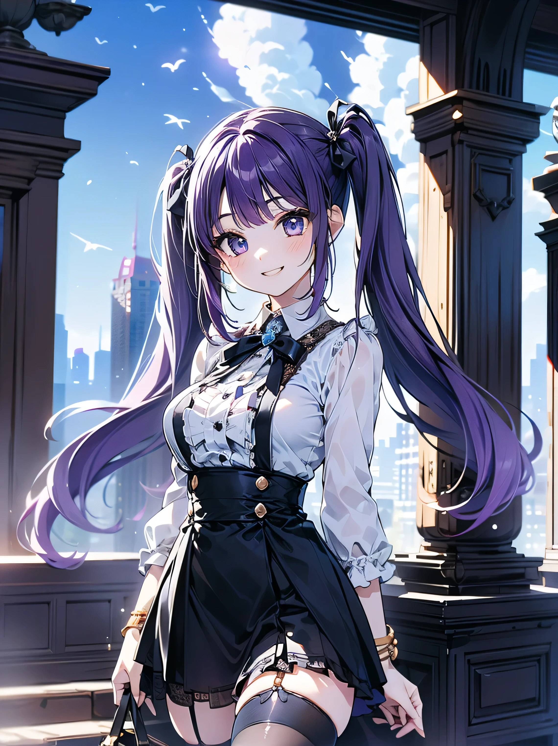 (masterpiece), (HDR), absurdres, (best quality), (ultra high quality), (hi-res), (1girl), (lavender eyes), beautiful detailed eyes, teen, (purple hair), bangs, short side locks, (big thick twintails), (long straight hair), ((two gold hair ties)), (medium breast), mini skirt, collared shirt, ruffles, ((black thighhighs)), (zettai ryouiki), (thin waist), (thigh gap), (happy expression), smile with teeth, (looking at viewer), posing, in the city, outside, buildings, sidewalk, daytime, sunlight on face, noon, bright sun, city scenery, birds