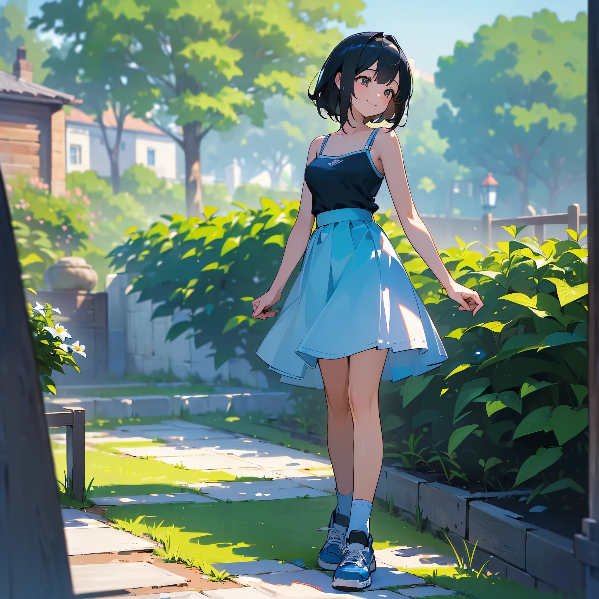 (high quality, High resolution, Very detailed, reality:1.37), Peaceful atmosphere, (Outdoor, garden), age girl standing alone, (my breasts are big.), Beautiful details, Cute Smile, (Black bob hair), camisole, Blue Skirt, Blue socks, sneakers.