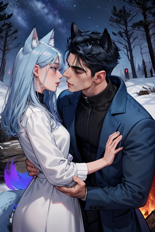 One man. One woman. Perfect face. Perfect hands. Perfect blue wolf ears. Perfect blue wolf tail. A handsome black haired man with blue wolf ears and a blue tail in a long coat is kissing a young silver haired woman with violet eyes and silver cat eyes and silver cat ears by a campfire in the woods at night
