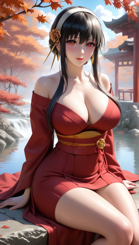(asura art style:0.7), score_9, score_8_up, score_7_up, score_6_up, uncensored, yor briar, black hair, sidelock, white hairband, red eyes, BREAK (masterpiece:1.2), best quality, high resolution, (detailed eyes:1.3), perfect lighting, (perfect hands, perfect anatomy), large breasts, One beautiful woman, kimono, bare shoulder, obi, Sitting, facing viewer, tori, blossoms, autumn, fog, hand support,