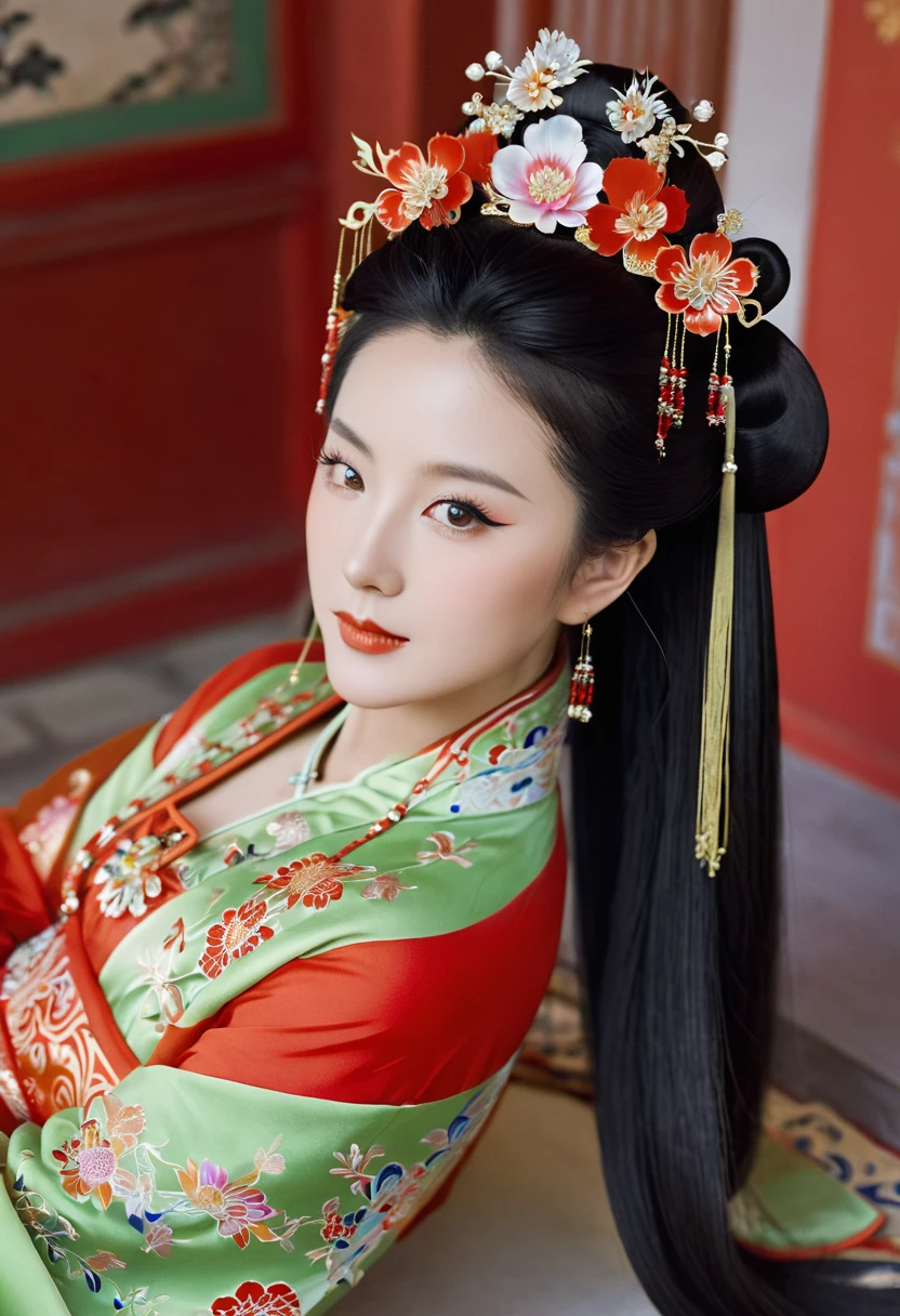 A close-up side view of the buttocks of a Chinese empress. In the background, she is lying down in a Chinese palace during the Qing dynasty, wearing red Hanfu and exposing only her large buttocks. She's wearing underwear, but her protruding butt is floating up.
Her hair is decorated with a large, flashy flower.
The back of the hair is tied up and up. Erotic Woman