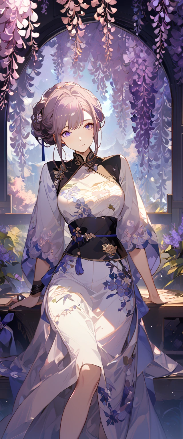 wisteria flower, wisteria tree, wisteria background, 8k ,4k , best quality, high quality, masterpiece, embroidery clothes, big chest, all kind of hairstyle, inspired by Asukaziye artist : ask, art style : ask