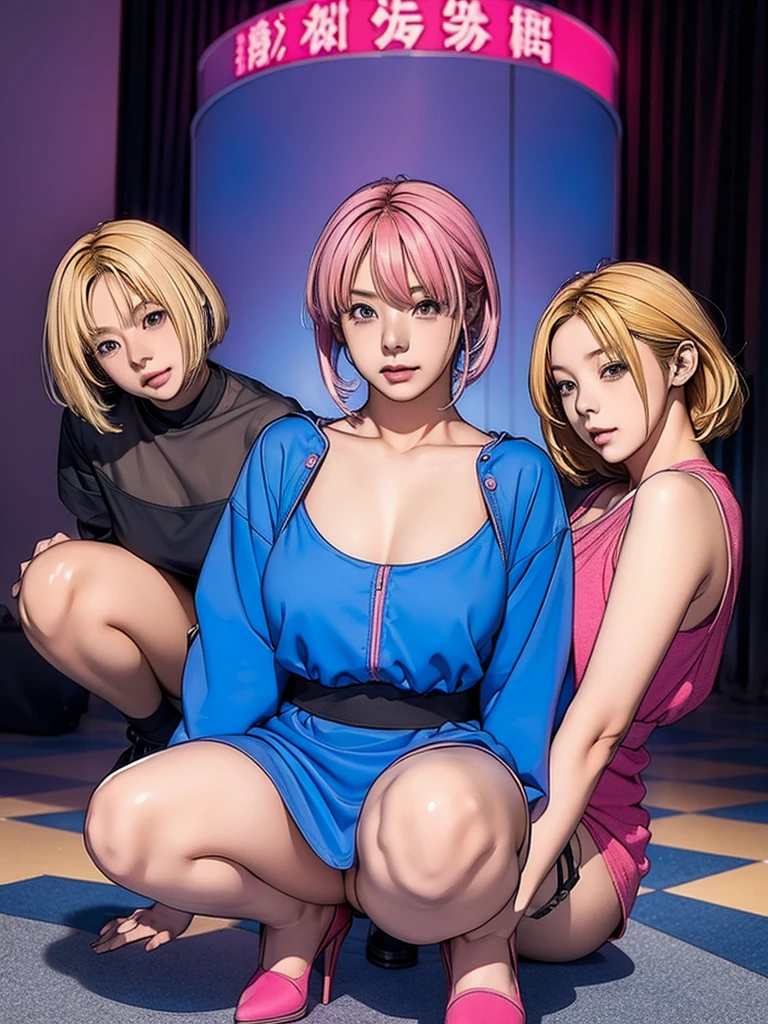 3 Girl，Blonde，Pink Hair，Blue Hair[Very short hair|Very long braid]Asymmetrical Dress]，Under the chest，落書きで覆われた壁の前にsquat，Street fashion，Platform high heels，Very sexy pose， art germ，Fans only，During pregnancy，squat，Spread your legs，Adult Toys