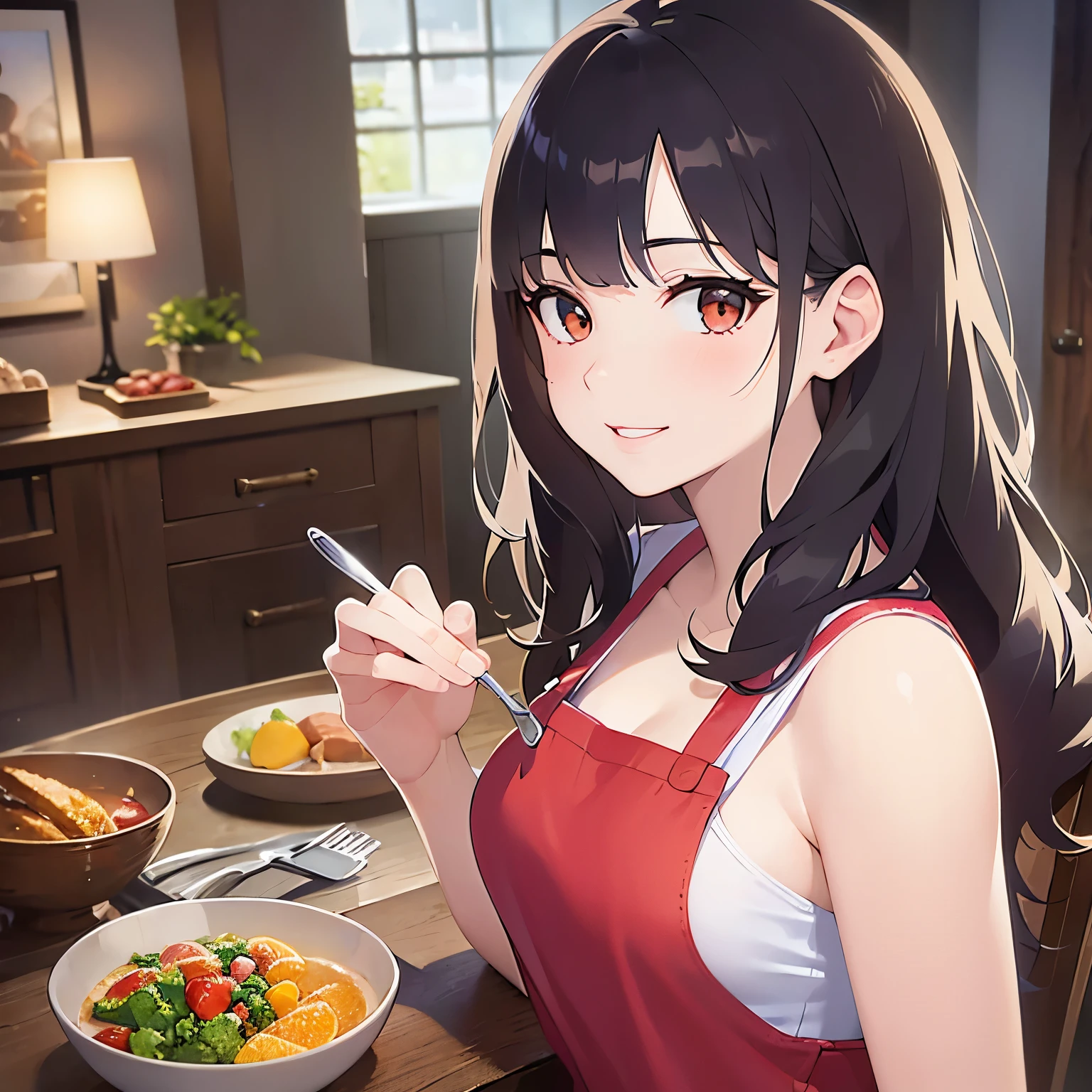 Detailed CG,Ultra-fine illustrations,masterpiece,Highest quality,BREAK(white:1.5)and(Tank top)and(Shorts)BREAK,Realistic,Real person,RAW Photos,Realistic(Pale skin:1.2),Glowing Skin,Shiny Hair,(A 26-year-old woman with medium-length hair and bangs)and(Wavy Hair)and(Brown Hair)and(Orange eyes),(smile),The dining room in the background,Alone,Wearing an apron