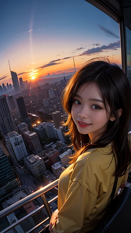 One girl, Korean, Fisheye Lens, Selfie, Wind, Messy Hair, sunset, Cityscape, (Aesthetics and atmosphere:1.2),smile