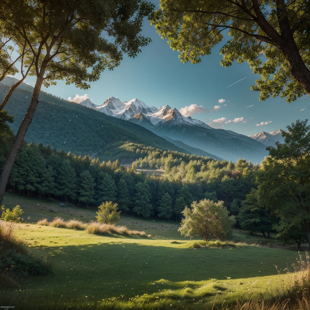 Image with mountains grass and warm weather in the background in the distance, far away the snowy fantasy style background, nature essence, trees and natural lights with fireflies splendor , grass in front and many leafy trees, digital painting style