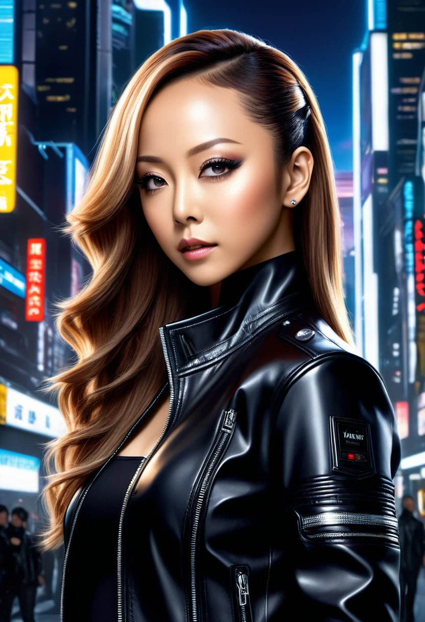 A hyper-realistic portrait of Namie Amuro, wearing a sleek black leather jacket, with a cool and confident expression, futuristic city background, high contrast lighting, cyberpunk aesthetics, sharp facial features, detailed textures, realistic skin tone

