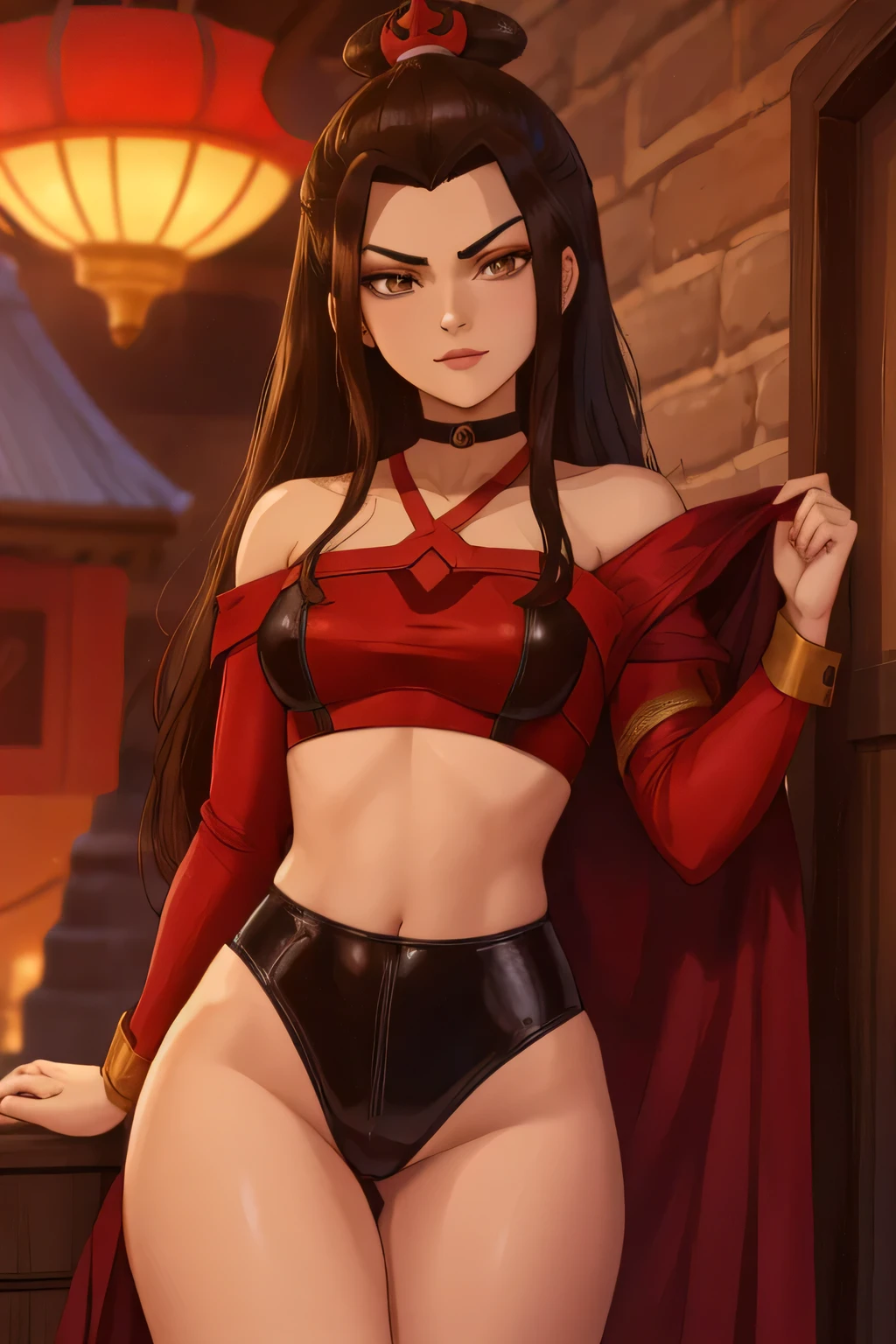 Azula. dark brown hair,very long hair,midriff . cold brown eyes. dark skin. small breasts. skinny. choker. latex suit. dancer