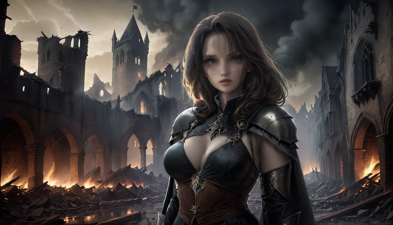 Masterpiece, Best Quality, Super Detail, Illustration, Best Quality, Depth of Field, Beautiful Detailed Glow, High-resolution medieval portrait of a woman standing in a ruined city, with a dark, smoky atmosphere and dramatic lighting to evoke a mysterious, cinematic feel. Include elements such as collapsed buildings, debris and contrasting lighting to enhance the sense of destruction and mystery, Medieval