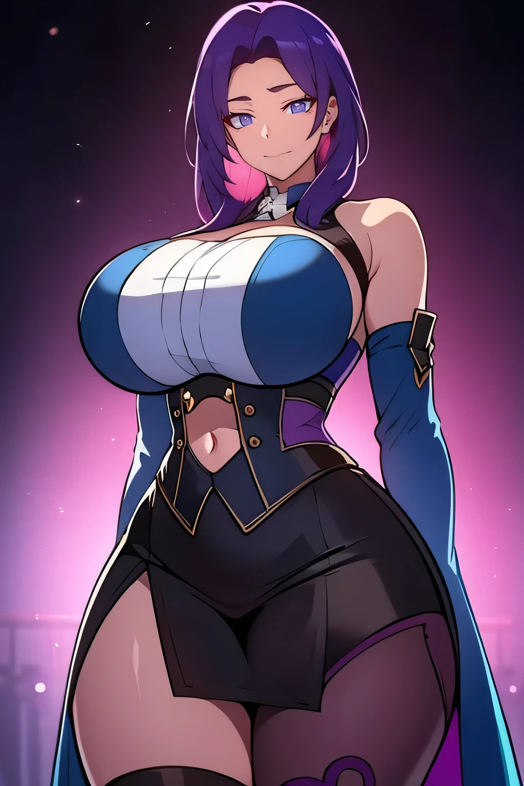 masterpiece, Highest quality, absurdes, 8k, Perfect Shadow,Perfect lighting,High resolution, Cowboy Shot,Glowing Skin,Skin Dentition, Beautiful body, kafka, ((purplish blue hair: 1.4)), Long Hair, (Purple eyes: 1.4),  (Crop top, (Underbust : 1.4), Elbow hand pockets, Thigh-high boots, Slit Skirt, Exposing shoulders, Curvy, abdomen, Curvy, Thighs, Hyells, Shiny clothes), Complex and detailed background, internal, Luxury palace) (Huge breasts,Hourglass-shaped body, Narrow waist,Very Narrow Waist)Highly detailed face,Detailed eye makeup, Detailed aspect, Nice fine detail,Nice hands, Perfect hands (Realistic students,Realistic Iris:1) Heavy eye makeup,Glowing Eyes, Bright Eyes,Are standing,Are standing at attention,(Captivating smile), (Huge breasts: 1.1), Curvy