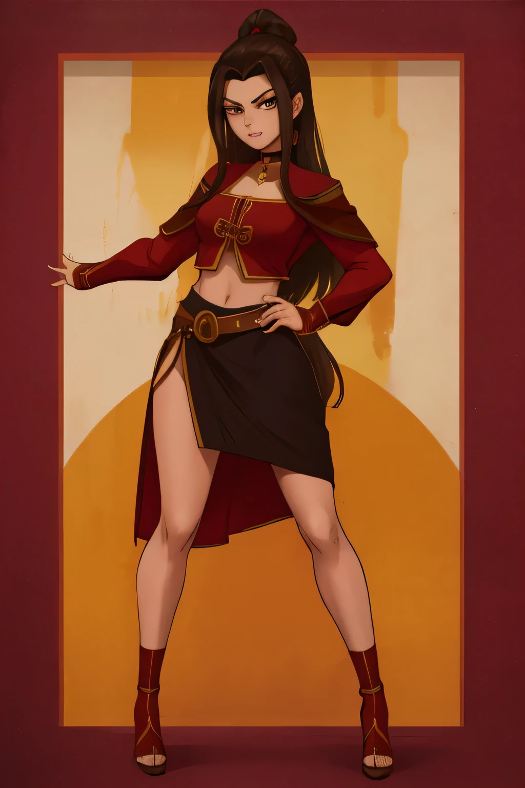 Azula. dark brown hair,very long hair,midriff . cold brown eyes. dark skin. small breasts. skinny. choker. (Short black dress)heels. dancer.