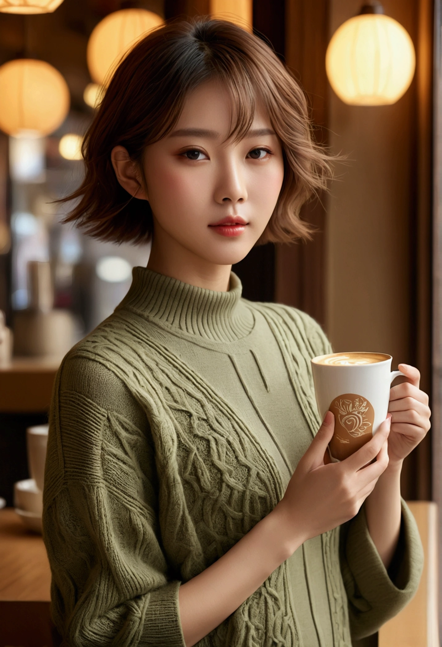 ((8k:1.27)、Highest quality、masterpiece、Ultra-high resolution:1.2)Beautiful Chinese women photos (Comfortable:1.1) (Khaki knit:1.21) Designed by Greg Rutkowski and Alphonse Mucha Exquisite Elegance、Fantasy、detailed、geometry、Gradient lighting、One Girl、Cafe、Delicate skin、Looking at the audience、Brown eyes、(Flaxen short hair:1.2)、(Mid-chest:1.0)、(middle breast wheel:0.8)、(Photorealistic:1.4)、(Highest quality:1.0)、(Ultra-high resolution:1.0)、(Without the use of hands:1.0)、8k、RAW Photos、 (Representative Song: 0.2), (Pure Eros Face_v1:0.5)、Coffee in hand、No sleeve、Laughter、