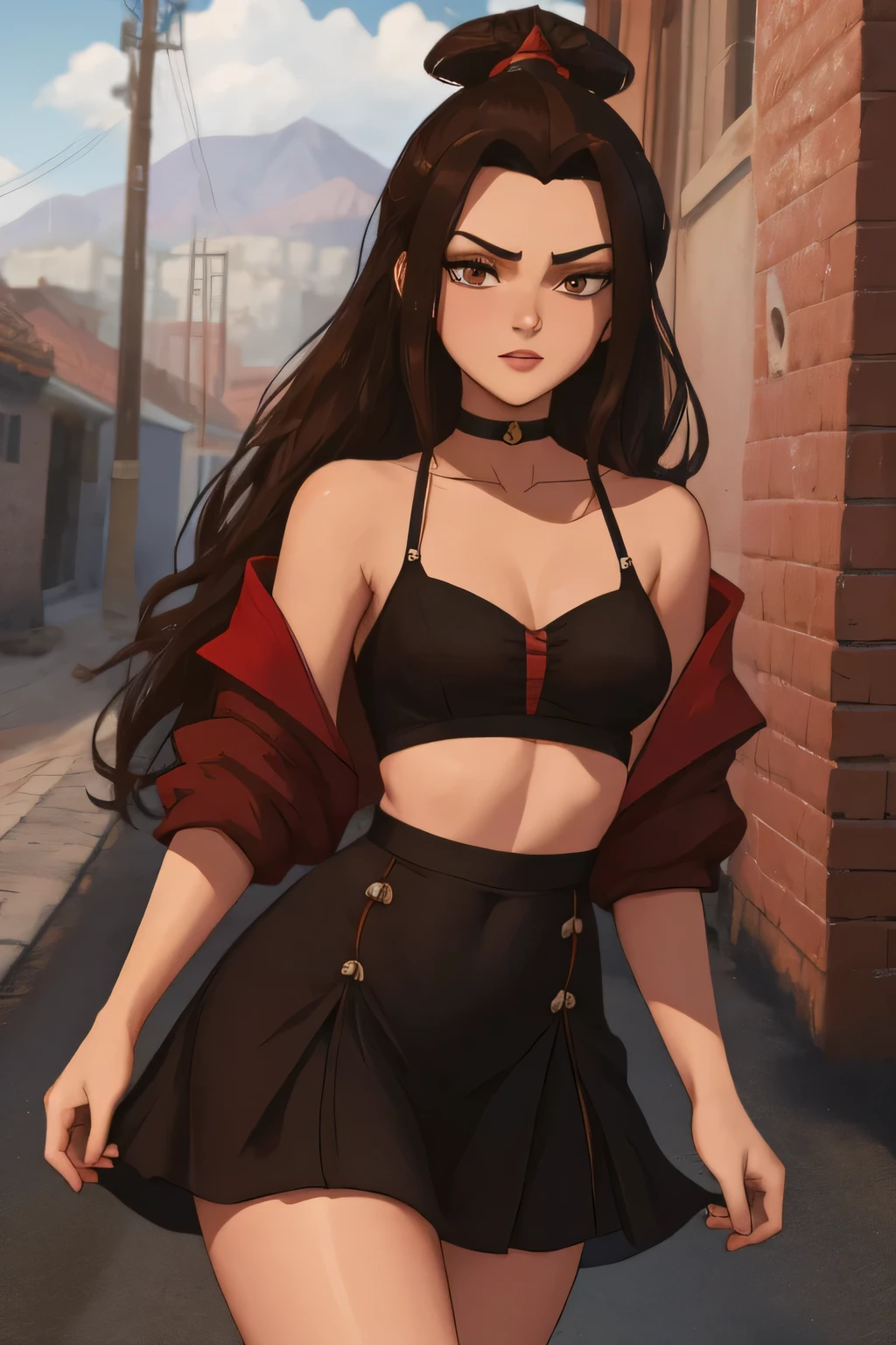 Azula. dark brown hair,very long hair,midriff . cold brown eyes. dark skin. small breasts. skinny. choker. (Short black dress)heels. dancer.