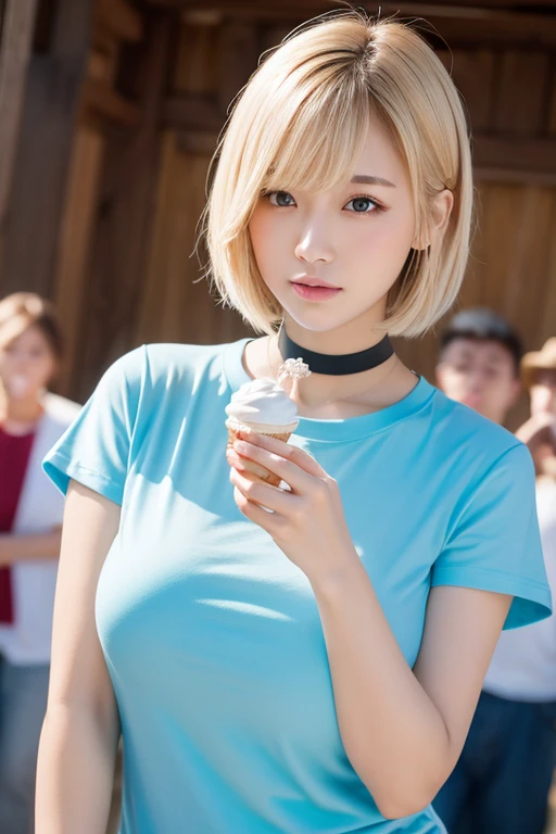 Attractive girl eating soft serve ice cream, View your viewers, Put your mouth to the soft serve ice cream,  (Highest quality, High resolution, Realistic, born, 8k,masterpiece, ),(Audience-friendly)、Shoot from the front、Highest quality, masterpiece8k.High resolution. High resolutionabsurdres:1.2,Lens flare, (Bright colors:1.2), (delicate), (Sensual)、Japanese、blonde、short hair、Black choker、Light blue T-shirt