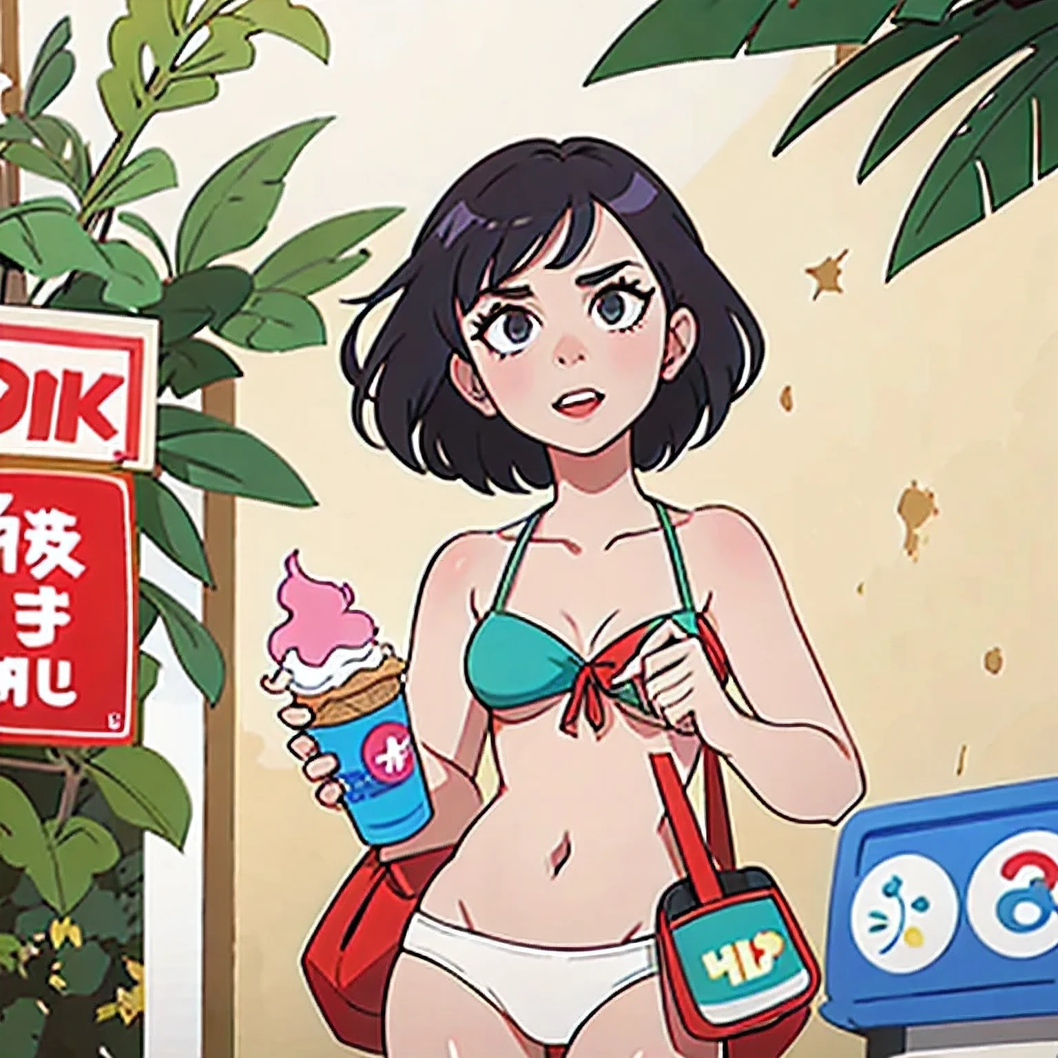 girl in a bikini eating an ice cream cone, eating ice cream, in a bikini, angela white, giorgia meloni, katy perry, in bikini, eating ice - cream, wearing spandex bikini, ice cream on the side, bikini, ice cream, wearing a bikini, candid photo of dirty, shiny plastic bikini, candid shot, cone, 1 girl, solo,in a green dress standing by a wall,portrait of female idol