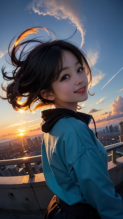 One girl, Korean, Fisheye Lens, Selfie, Wind, Messy Hair, sunset, Cityscape, (Aesthetics and atmosphere:1.2),smile