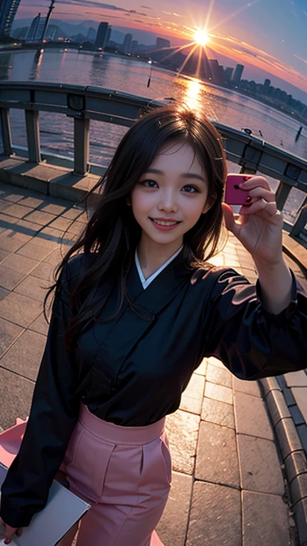 One girl, Korean, Fisheye Lens, Selfie, Wind, Messy Hair, sunset, Cityscape, (Aesthetics and atmosphere:1.2),smile