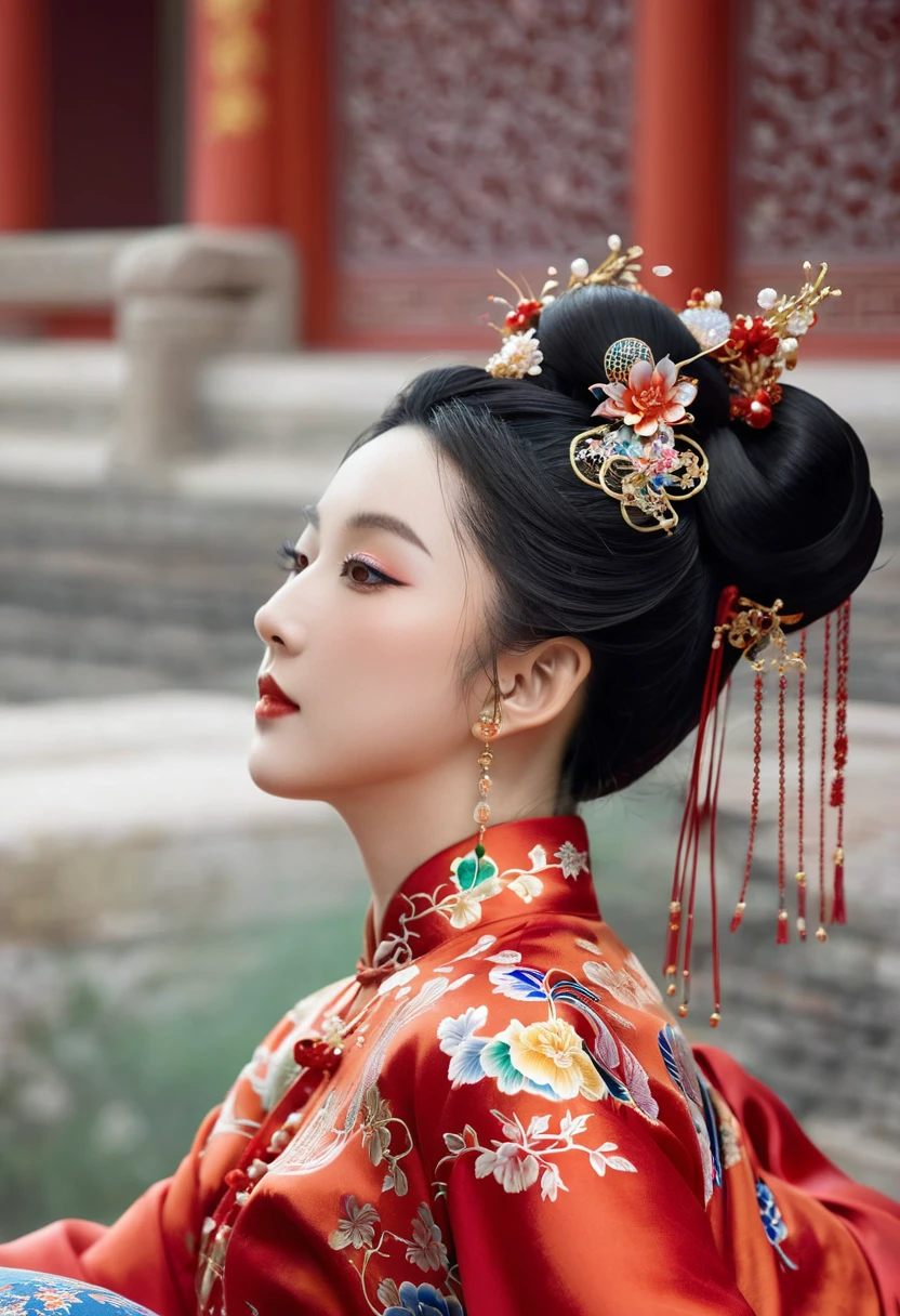 A close-up side view of the buttocks of a Chinese empress. In the background, she is lying down in a Chinese palace during the Qing dynasty, wearing red Hanfu and exposing only her large buttocks.　　　She&#39;s wearing underwear, but her protruding butt is floating up.　　　　　　　　　　　　　　　　　　　　　　　　　　　　　　
Her hair is decorated with a large, flashy flower.　
The back of the hair is tied up and up.　Erotic Woman