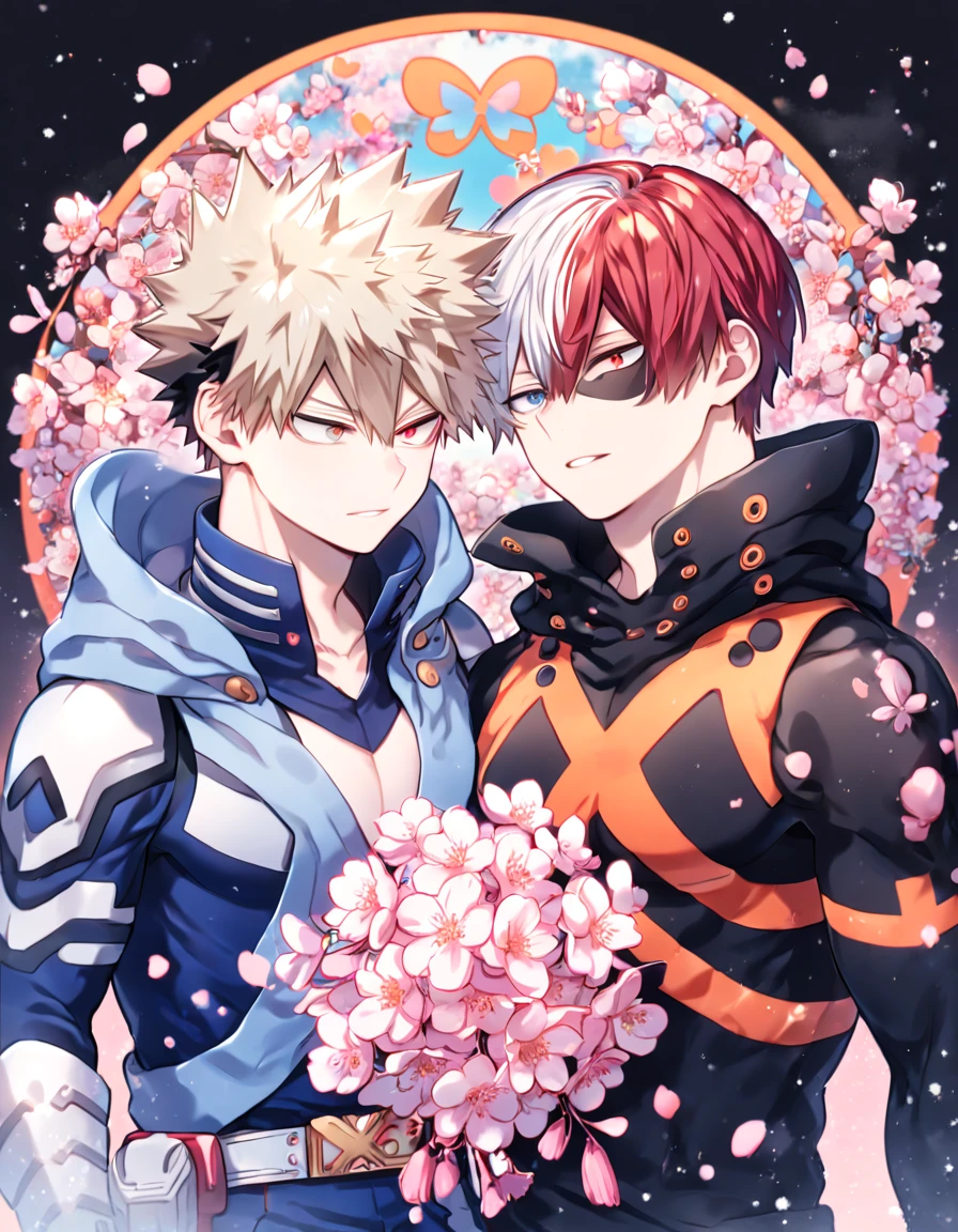 Ultra detailed, HDR, Highres, absurdres, master piece, Todoroki Shouto, bicolor hair, red right side of hair, white left side of hair, heterochromia, expressive right blue eye, gray left eye, blue hero clothes with white patterns, Bakugou Katsuki, ash blonde hair, expressive red eyes, black hero clothes with orange patterns, Boku No Hero Academia, two sexy man together, gay couple, yaoi, love, handsome, cherry, flowers, blossoms, fantasy, magical, pink leaves, snowing, handsome, sensual, best quality, glittering, pink butterflies, pink ice,