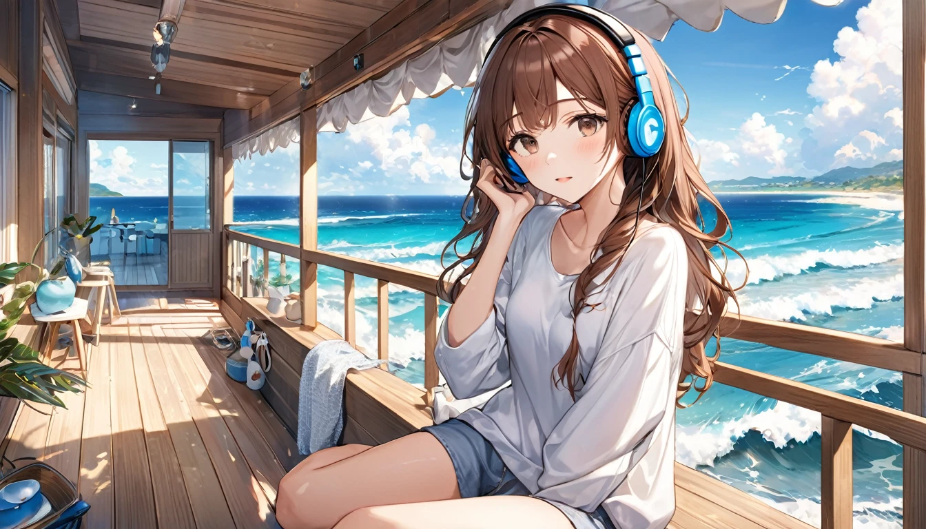 Brown-haired girl wearing headphones、Whisper of the Waves - Highly detailed、masterpiece, Highest quality, Bright - with a calm sea in the background、Relaxed facial expression、Casual clothing、Gazing at the waves、Sitting in a beach house
(Detailed fingers), (Emotional), (Breathtakingly beautiful), (main part:1.2 Whole body), (Anime Style), (Very detailed), (超High resolution, High resolution), (8k), (Complex and beautiful: 1.2)