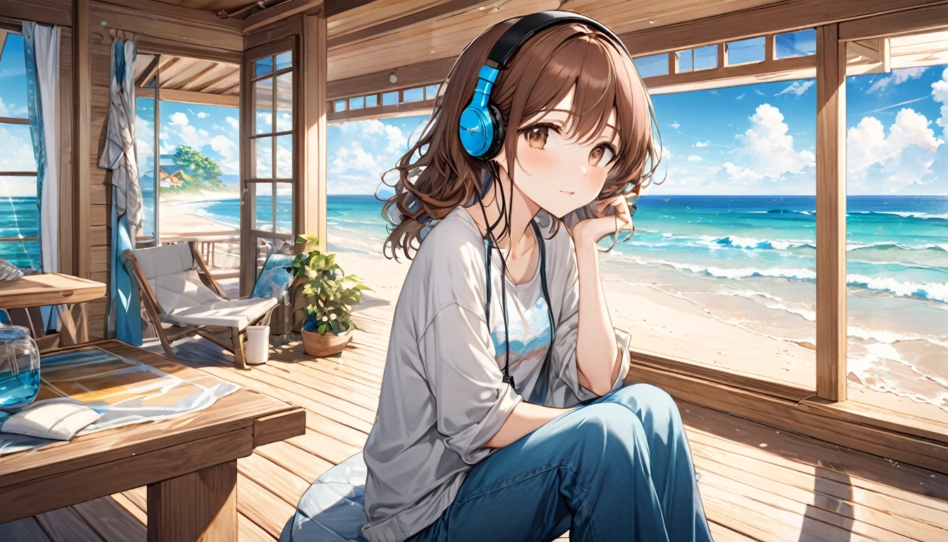 Brown-haired girl wearing headphones、Whisper of the Waves - Highly detailed、masterpiece, Highest quality, Bright - with a calm sea in the background、Relaxed facial expression、Casual clothing、Gazing at the waves、Sitting in a beach house
(Detailed fingers), (Emotional), (Breathtakingly beautiful), (main part:1.2 Whole body), (Anime Style), (Very detailed), (超High resolution, High resolution), (8k), (Complex and beautiful: 1.2)