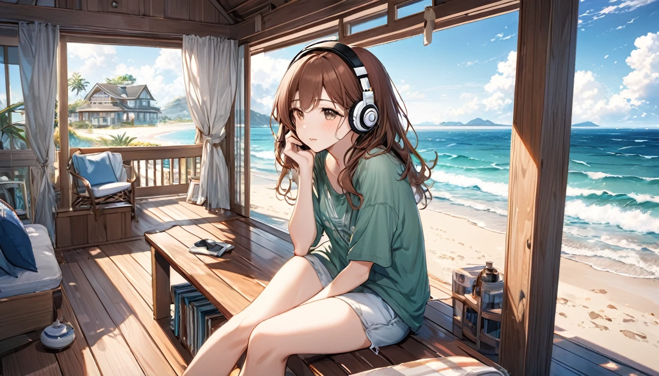 Brown-haired girl wearing headphones、Whisper of the Waves - Highly detailed、masterpiece, Highest quality, Bright - with a calm sea in the background、Relaxed facial expression、Casual clothing、Gazing at the waves、Sitting in a beach house
(Detailed fingers), (Emotional), (Breathtakingly beautiful), (main part:1.2 Whole body), (Anime Style), (Very detailed), (超High resolution, High resolution), (8k), (Complex and beautiful: 1.2)