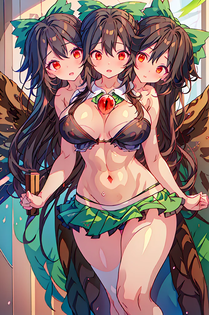 (masterpiece, best quality), best quality, (ultra-detailed), ((3heads:1.5)), 3heads, 1girl, (reiuji utsuho:1.3), masterpiece, best quality, ultra quality, ultra resolution, ultra detail, white top, crop top, ((stomach)), midriff, ((groin)), dark green skirt, normal ears, shackles, black hair, very long hair, wavy hair, sidelocks, red eyes, detailed eyes, beautiful eyes, parted lips, sweat, cute, toned belly, hand on own chest, eyelashes, (23 year old woman:1.3), (masterpiece:1.5), (best quality:1.5), (beautiful detailed), extremely detailed CG, extremely delicate and beautiful, depth of field, (finely detailed face), (perfect details:1.2), (mature female:1.3), wide pelvis, slender, large veiny breast, 16k resolution, highres, high quality, high definition, extremely detailed, masterpiece, best quality, black hair, long hair, alluring presence, braid, short skirt, close up, very big tits, huge breasts, smiling, young, green bow, hair bow, wings, midriff, nsfw, girl with three heads, three headed girl,
