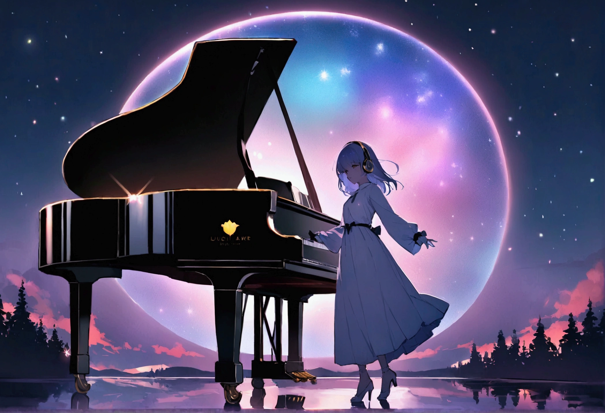 night、Endless lakes、星がいっぱいのnight空、Grand piano on the lake、Illuminated grand piano、Best image quality、theory、beauty、Headphones