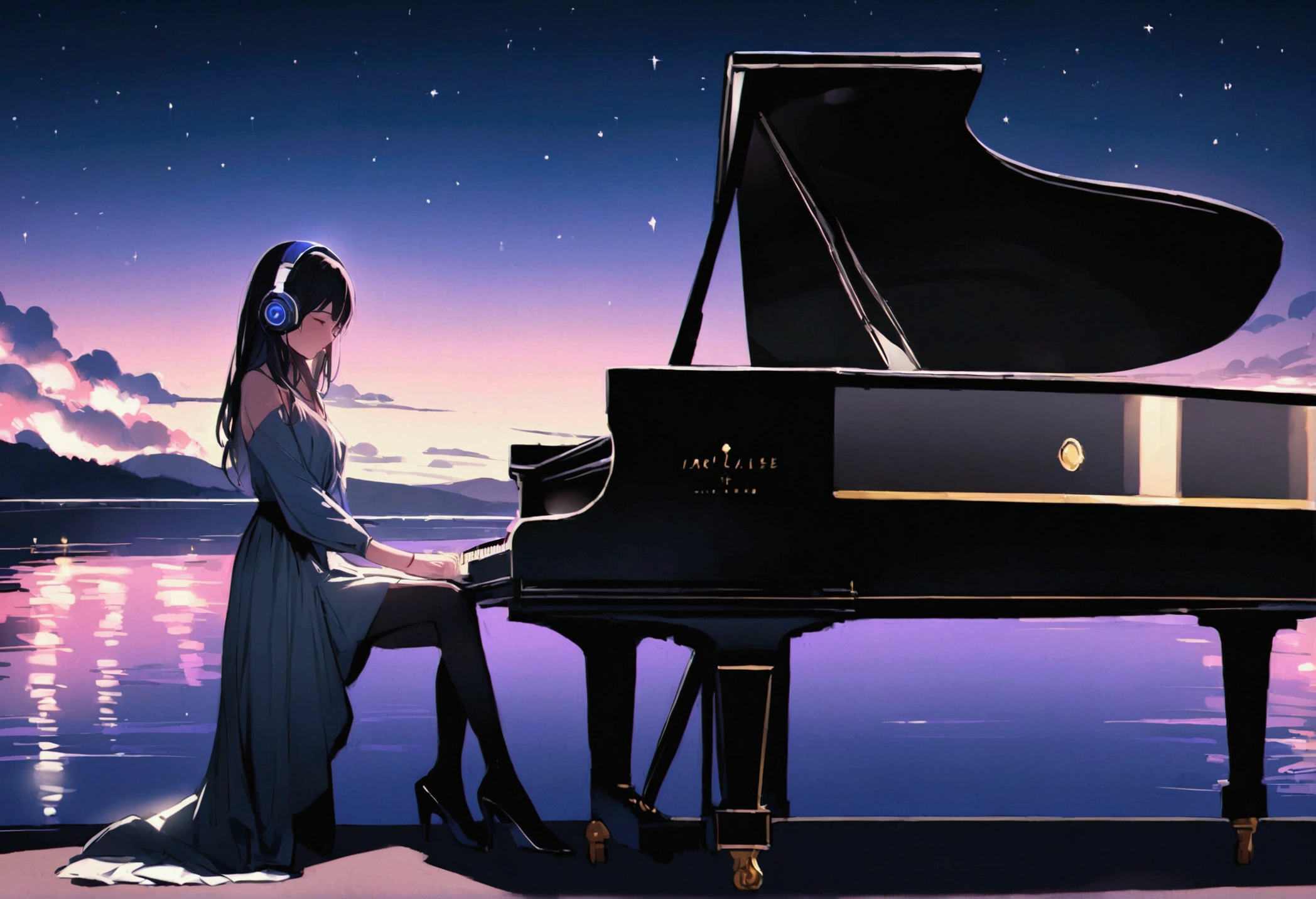night、Endless lakes、星がいっぱいのnight空、Grand piano on the lake、Illuminated grand piano、Best image quality、theory、beauty、Headphones