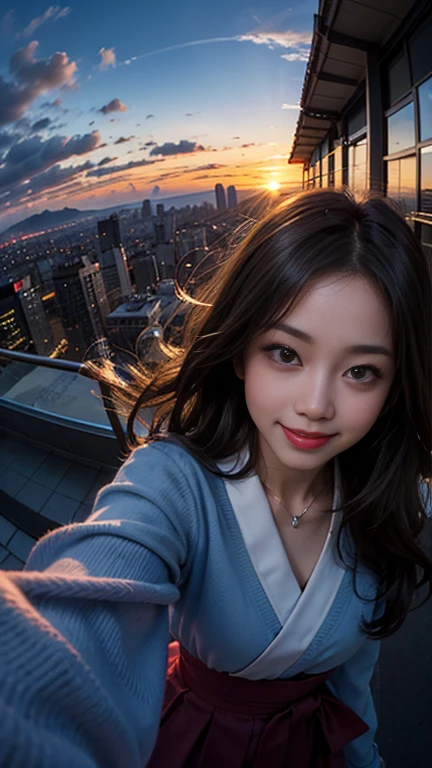 One girl, Japanese, Fisheye Lens, Selfie, Wind, Messy Hair, sunset, Cityscape, (Aesthetics and atmosphere:1.2),smile