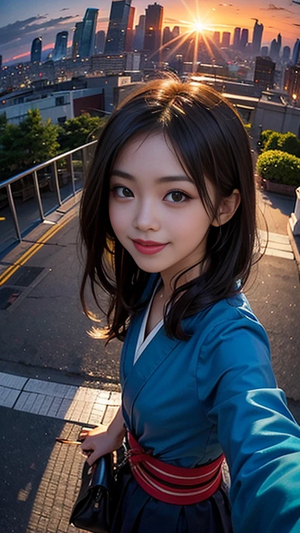 One girl, Japanese, Fisheye Lens, Selfie, Wind, Messy Hair, sunset, Cityscape, (Aesthetics and atmosphere:1.2),smile