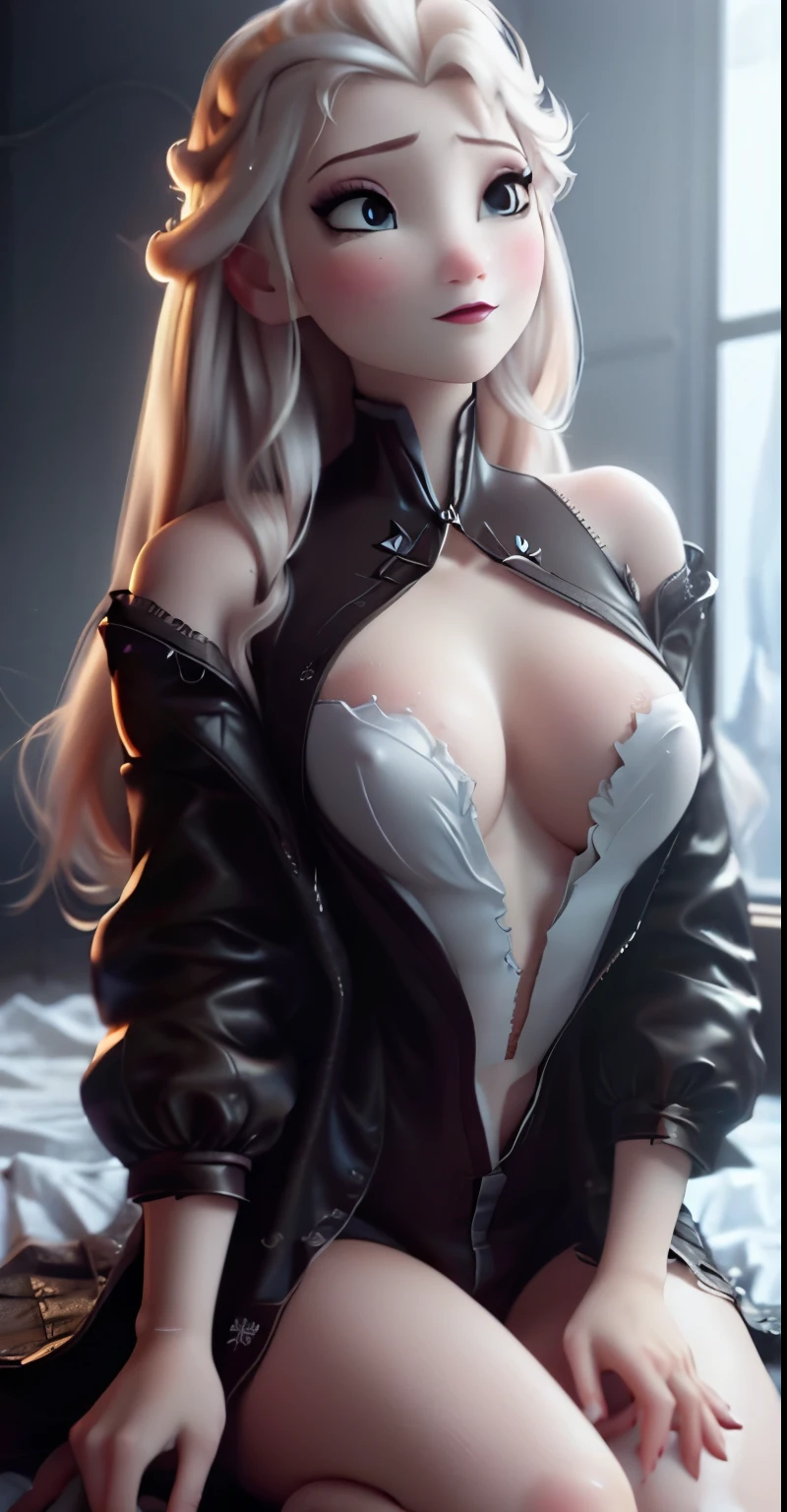 elsa,chubby face,invent,face detail,blush,purple eye shadow, rose in hair,arise from,simple background, looking to the side,half shirt, White dress, No blouse, without bra, visible peak on chest, (big tits) (big breasts) (Fully exposed chest) ( naked and visible nipple) (big tits) (big breasts) (Fully exposed chest) ( naked and visible nipple) big tits) (big breasts) (Fully exposed chest) ( naked and visible nipple