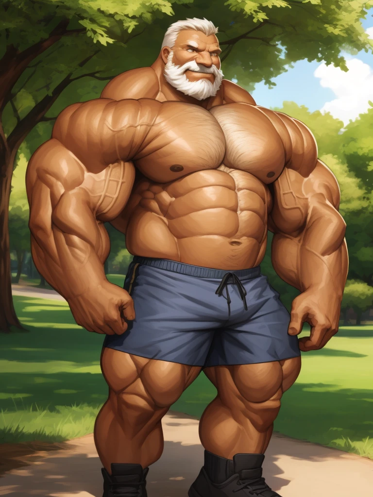 1boy, 1man, solo. Park, extremely huge muscular, massive muscular, full-body , (topless, shirtless, shorts), well-muscled old man. ((extremely muscle size, super thick arms, huge pec, extremely wide pectoral , huge arms)), wide smiling. Add textures and details to make the image more realistic, such as the appearance of the. Make sure the resulting image is high resolution, 8K quality