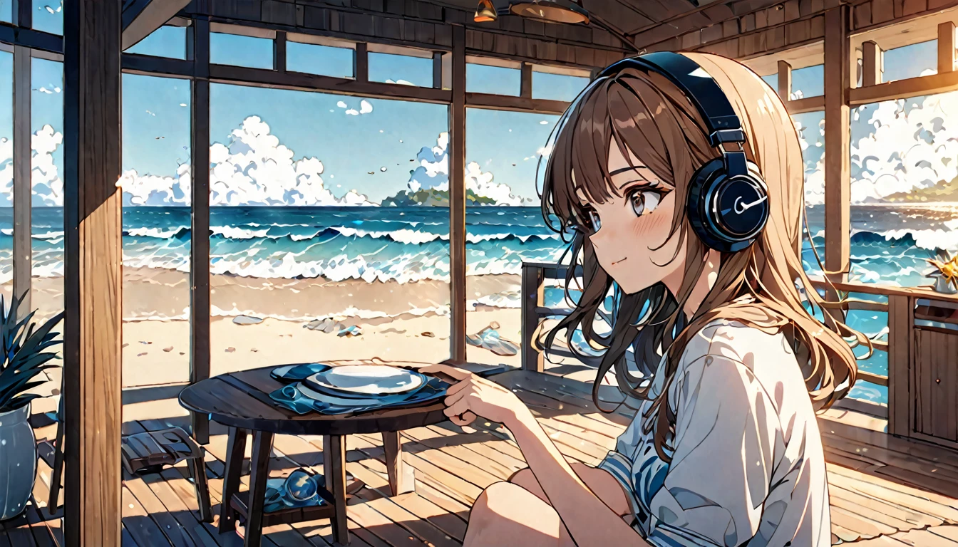 Brown-haired girl wearing headphones、Whisper of the Waves - Highly detailed、masterpiece, Highest quality, Bright - with a calm sea in the background、Relaxed facial expression、Casual clothing、Gazing at the waves、Beach House
(Detailed fingers), (Emotional), (Breathtakingly beautiful), (main part:1.2 Whole body), (Anime Style), (Very detailed), (超High resolution, High resolution), (8k), (Complex and beautiful: 1.2)