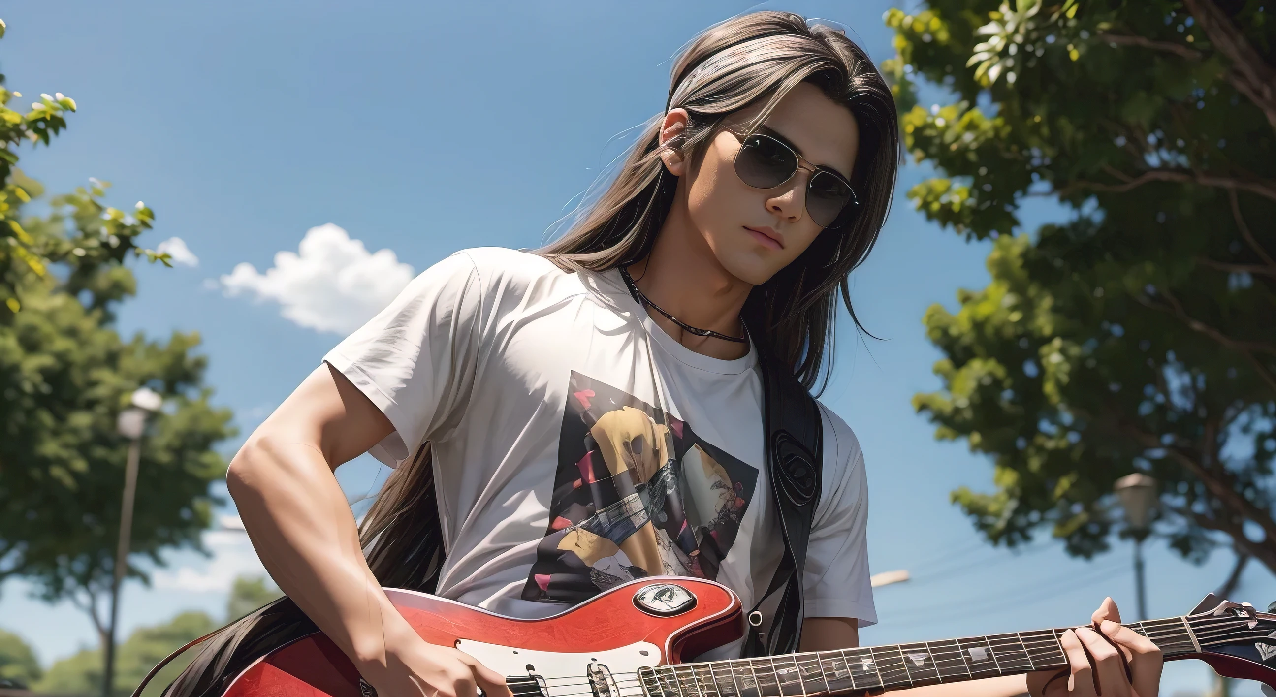 An anime-style high-resolution image of a young man with slightly long hair playing an electric guitar. He is wearing Ray-Ban sunglasses, a white T-shirt, jeans, and a bandana on his head. He is standing against a park background.