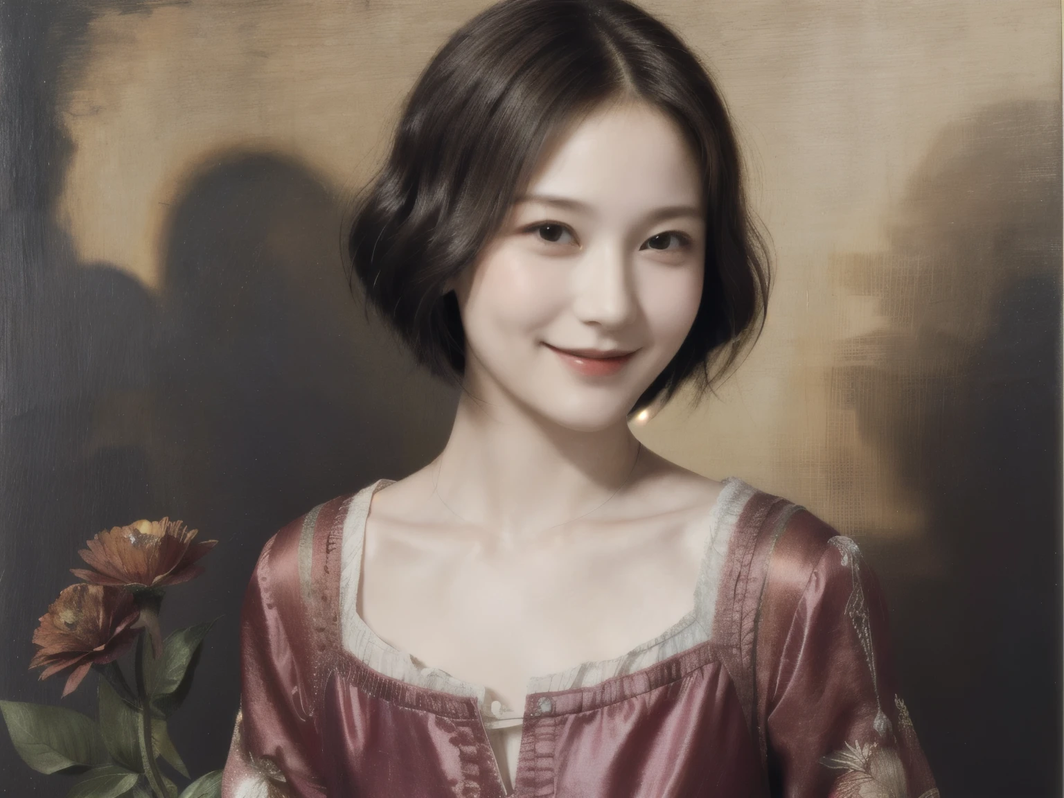 262 20-year-old female,(Short Hair 46),(Genuine,chest:1.5),Old-fashioned smile,(Paintings by Leonardo da Vinci),flower