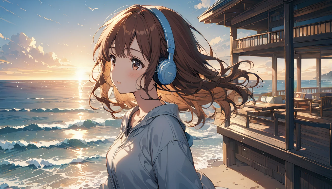 Brown-haired girl wearing headphones、Whisper of the Waves - Highly detailed、masterpiece, Highest quality, Bright - with a calm sea in the background、Relaxed facial expression、Casual clothing、Gazing at the waves、Beach House
(Detailed fingers), (Emotional), (Breathtakingly beautiful), (main part:1.2 Whole body), (Anime Style), (Very detailed), (超High resolution, High resolution), (8k), (Complex and beautiful: 1.2)
