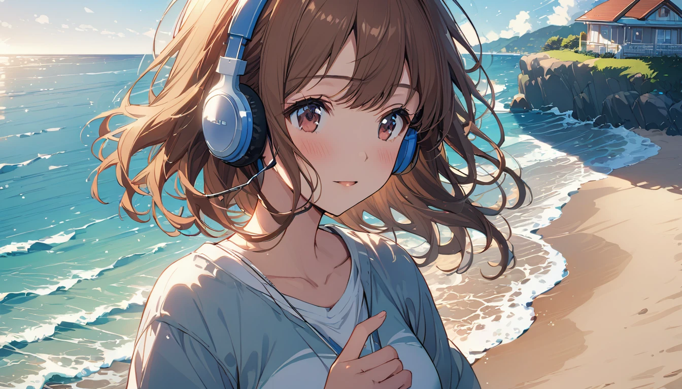 Brown-haired girl wearing headphones、Whisper of the Waves - Highly detailed、masterpiece, Highest quality, Bright - with a calm sea in the background、Relaxed facial expression、Casual clothing、Gazing at the waves、Beach House
(Detailed fingers), (Emotional), (Breathtakingly beautiful), (main part:1.2 Whole body), (Anime Style), (Very detailed), (超High resolution, High resolution), (8k), (Complex and beautiful: 1.2)