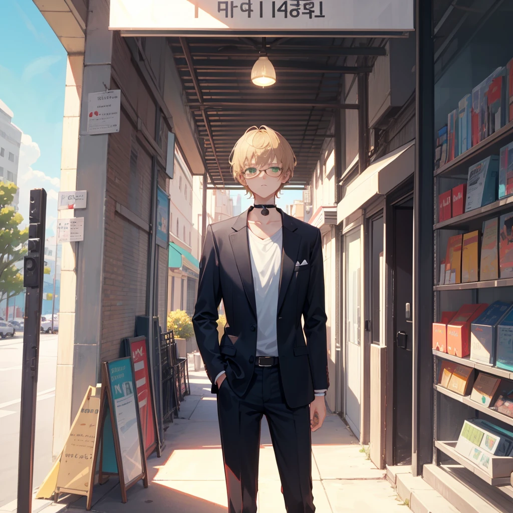 [[[[[[1 man]]]]]], {{{{{{{{17 year old male}}}}}}}}, [[[[[square black glasses]]]]] Short hair, short cut, 남자 short cut, light brown hair, blonde hair, green eyes animation, wearing glasses, choker, looks troubled, suit, standin, very detailed, 8k, school background