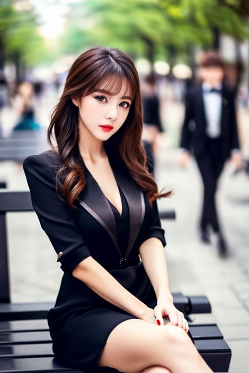 (realistic girl in a formal outfit, beautiful detailed eyes, beautiful detailed lips, extremely detailed face and features, perfect body proportions, a, crossed legs, sitting on a bench in an outdoor street setting, photorealistic, 8k, high quality, bokeh, SFW)