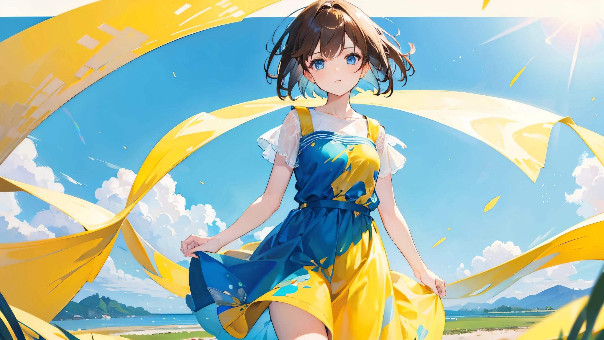 1 girl, short brown hair, blue eyes, wearing yellow short summer dress, plains, windy , high res, looking behind, masterpiece, 8k