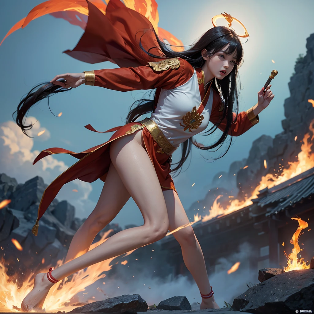 Realistic, surrealistic 20-year-old Asian girl with long black hair, bangs with wind effect, floating above the clouds, wearing a legendary red, white and gold Xianxia costume, holding a large ancient Chinese hammer, standing on a golden cloud, fighting pose, martial arts pose, and shouting bullet time effect. The orange flame halo around her is flaming and expanding in a terrifyingly high range, seeming to bend and swirl along with her energy. High angle shot with a worm's eye view in a full body shot. Fujifilm D55 lens: 50mm f/1.8 --ar 3:4 --Raw Style --Style 250 --iw 0.5UHD
