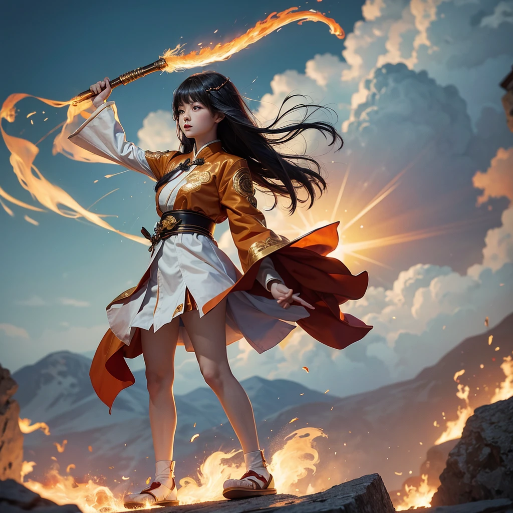 
Realistic, surrealistic 20-year-old Asian girl with long black hair, bangs with wind effect, floating above the clouds, wearing a legendary red, white and gold Xianxia costume, holding a large ancient Chinese hammer, standing on a golden cloud, fighting pose, martial arts pose, and shouting bullet time effect. The orange flame halo around her is flaming and expanding in a terrifyingly high range, seeming to bend and swirl along with her energy. High angle shot with a worm's eye view in a full body shot. Fujifilm D55 lens: 50mm f/1.8 --ar 3:4 --Raw Style --Style 250 --iw 0.5UHD