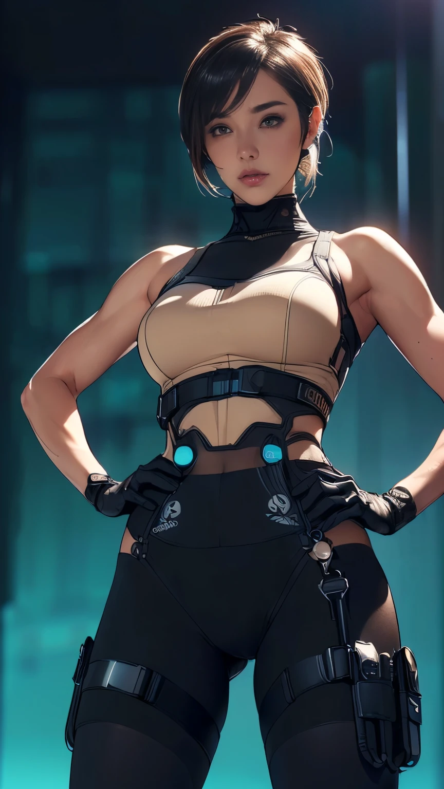 (A woman),(((Future female police officer standing))),((Black Tactical Tights:1.5)),((Camel toe:1.5)),((earphone:1.5)),((Tactical Holster:1.5)),(Gloves:1.5),(((Hands on hips:1.5))),(front:1.5),(From below:1.2),(Super short hair:1.5),(Blonde:1.5),(beautiful eyes:1.3),(Very detailedな顔:1.5),((Very detailedな女性の手の描画:1.5)),((muscular:1.5)),(Sexy look:1.5),((Thick thighs:1.5)),(Beautiful Body:1.5),((Very sensual:1.5)),(The backdrop is a futuristic city:1.5),(Cyberpunk atmosphere:1.5),(((Blurred background:1.5))),(Written border depth:1.5),rest(((masterpiece:1.5),(best quality:1.5),(Very detailed:1.5),(high resolution:1.5),(Practical:1.5),(Practical:1.5),(Delicate depiction),(carefully drawn))),8K,wallpaper