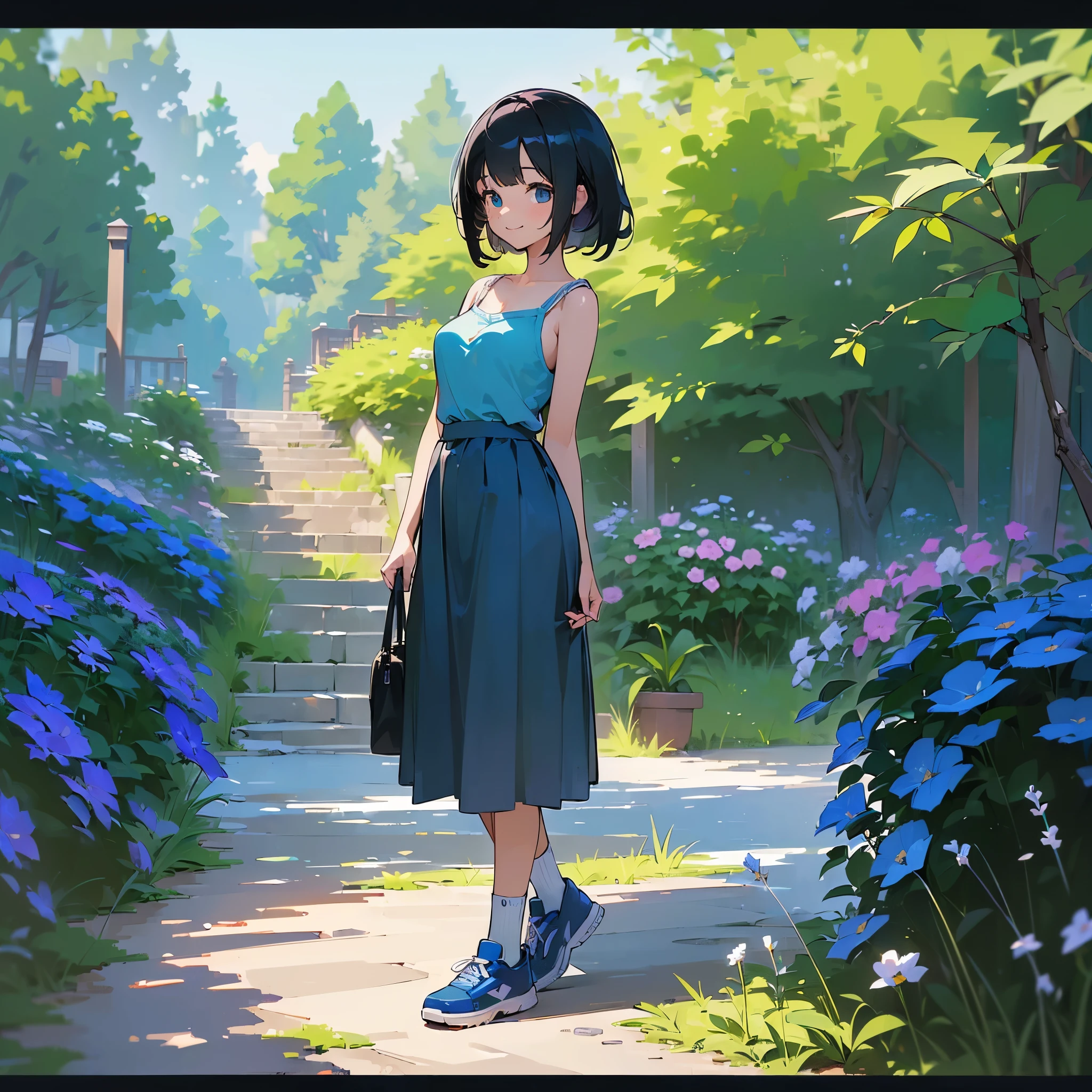 (high quality, High resolution, Very detailed, reality:1.37), Peaceful atmosphere, (Outdoor, garden), age girl standing alone, (my breasts are big.), Beautiful details, Cute Smile, (Black bob hair), camisole, Blue Skirt, Blue socks, sneakers.