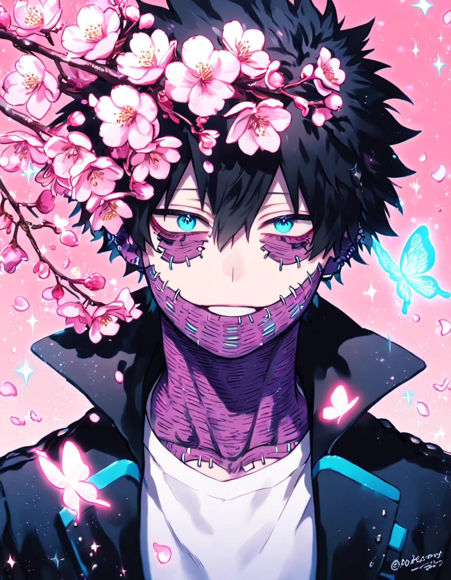 absurdres, highres, ultra detailed, HDR, master piece, best quality, extremely detailed, Dabi, black hair, expressive turquoise eyes, Boku No Hero Academia, solo, sexy man, handsome, black coat, white T-shirt, close up, magical, sparkling, pink glittering fireflies, pink ice, pink ice butterflies, pink ice petals, pink ice cherry blossoms, pink crystal, pink flowers, pink moon